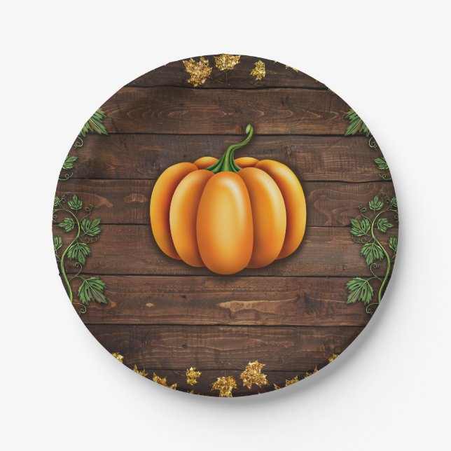 Fall Pumpkin Rustic Green Gold Ivy Autumn Country Paper Plate (Front)