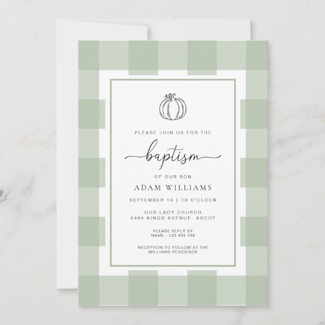Fall Pumpkin Sage Green Gingham Baptism Invitation (Front)