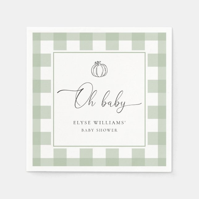 Fall Pumpkin Sage Green Gingham Oh Baby  Napkin (Front)