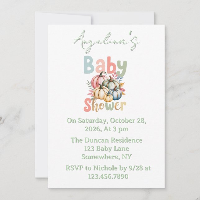 Fall Pumpkin Sage Green Watercolor Baby Shower  Invitation (Front)