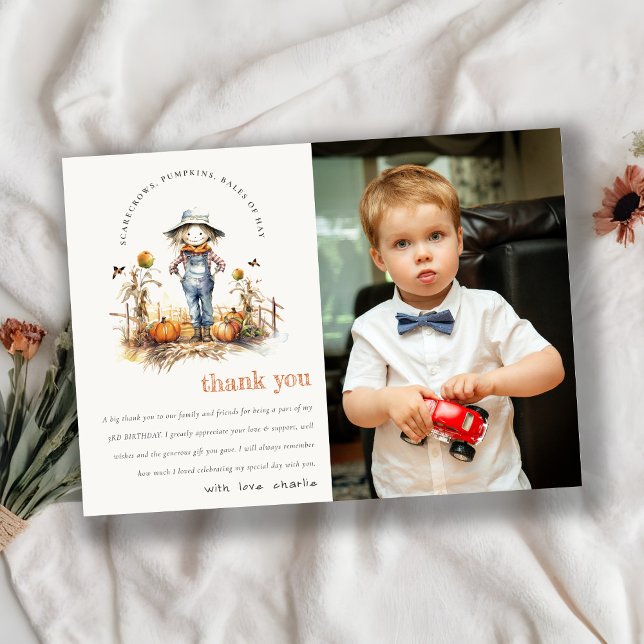 Fall Pumpkin Scarecrow Harvest Kids Photo Birthday Thank You Card (Creator Uploaded)