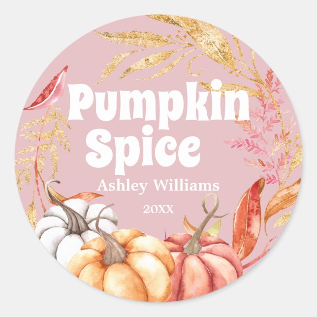 Fall Pumpkin Spice Autumn Pink Classic Round Sticker (Front)