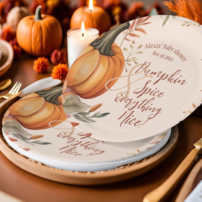 Fall Pumpkin Spice Baby Shower Autumn Watercolor Paper Plate (Pumpkin spice Fall baby shower party plates)