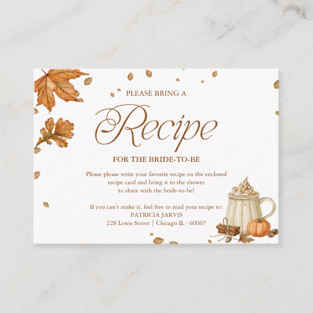 Fall Pumpkin Spice Bridal Shower Recipe Request Enclosure Card (Front)