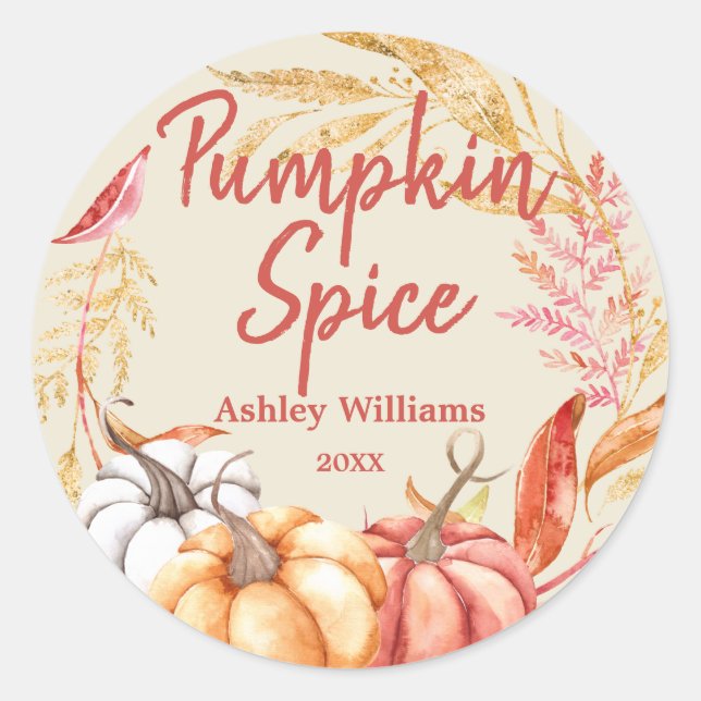 Fall Pumpkin Spice Gold Foliage Antique White Classic Round Sticker (Front)