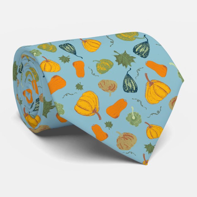 Fall Pumpkin & Squash Pattern On Teal  Tie (Rolled)
