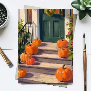 Fall Pumpkin Stoop   Autumn Thanksgiving Painted Holiday Postcard