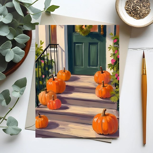 Fall Pumpkin Stoop | Autumn Thanksgiving Painted Holiday Postcard (Creator Uploaded)