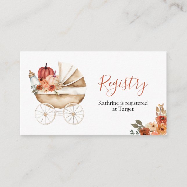 Fall Pumpkin Stroller Floral Baby Shower Registry Enclosure Card (Front)