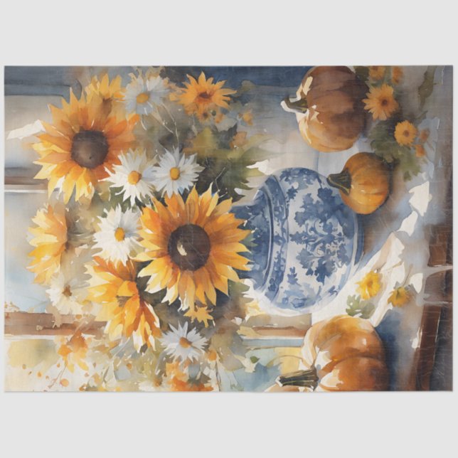 Fall Pumpkin Sunflower Floral Blue White Decoupage Tissue Paper (Front)