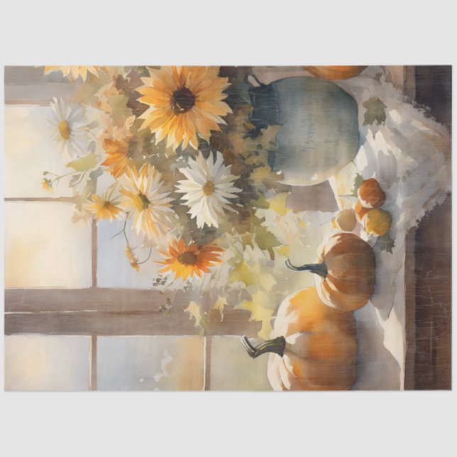 Fall Pumpkin Sunflower Floral Still Life Decoupage Tissue Paper (Front)