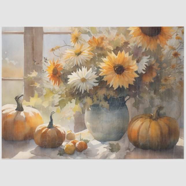 Fall Pumpkin Sunflower Floral Still Life Decoupage Tissue Paper (Front)
