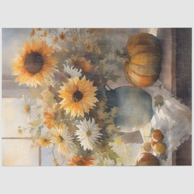 Fall Pumpkin Sunflower Floral Still Life Decoupage Tissue Paper (Front)