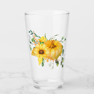 Fall pumpkin, sunflowers, and greenery  glass