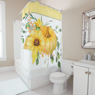 Fall pumpkin, sunflowers, and greenery shower curtain