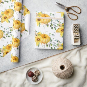 Fall pumpkin, sunflowers, and greenery wrapping paper