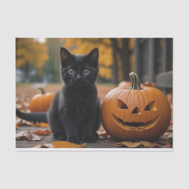 Fall Pumpkin Sweet Black kitten decoupage  Tissue Paper (Front)