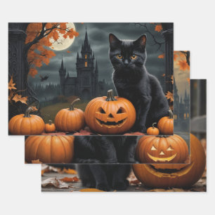 Fall Pumpkin Sweet Black kitten decoupage Wrapping Paper Sheet