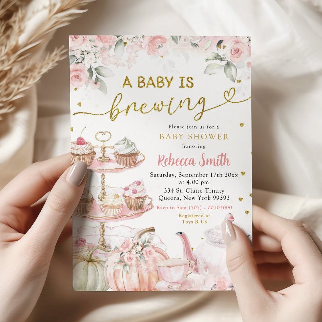 Fall Pumpkin Tea Party Baby is Brewing Baby Shower Invitation (Creator Uploaded)