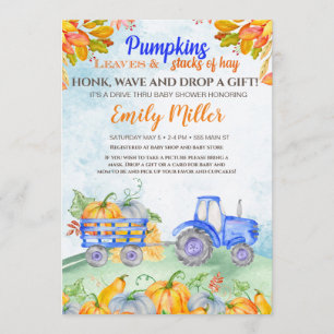 Fall pumpkin tractor blue baby shower invitation