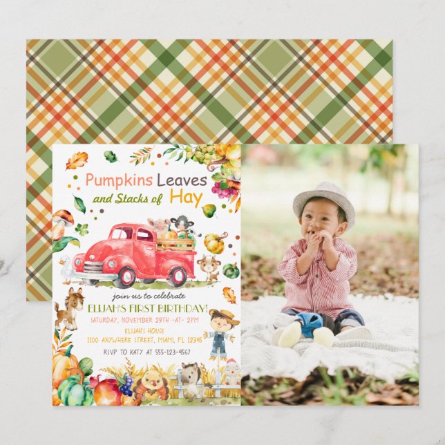 Fall Pumpkin Truck Photo Birthday Invitation (Front/Back)