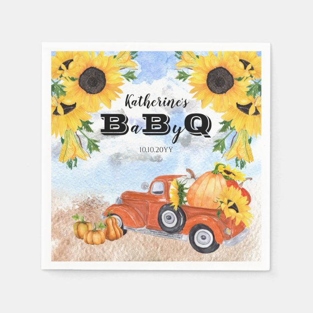 Fall Pumpkin Truck | Sunflowers Baby BBQ Shower Napkin (Front)