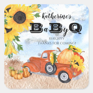 Fall Pumpkin Truck   Sunflowers Baby BBQ Shower Sq Square Sticker