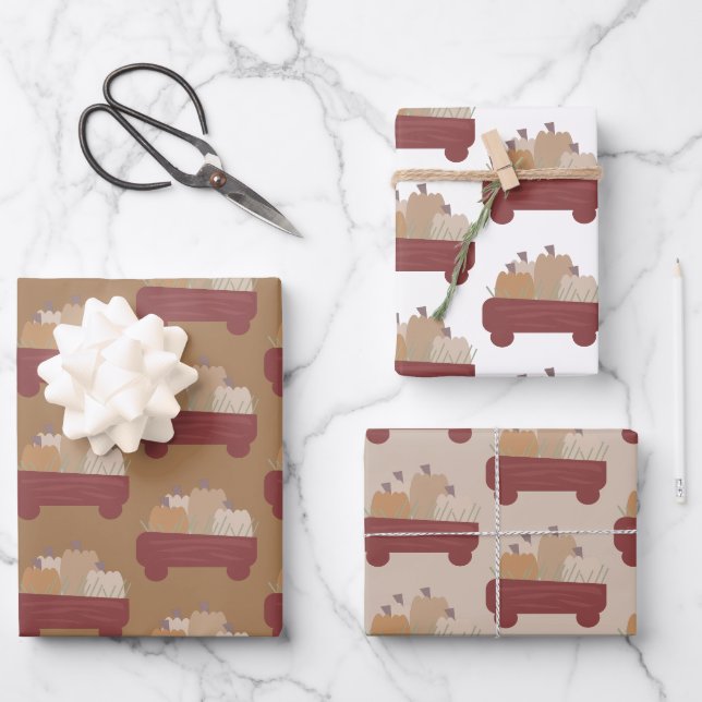 Fall Pumpkin Wagon Brown Boho  Wrapping Paper Sheet (Front)