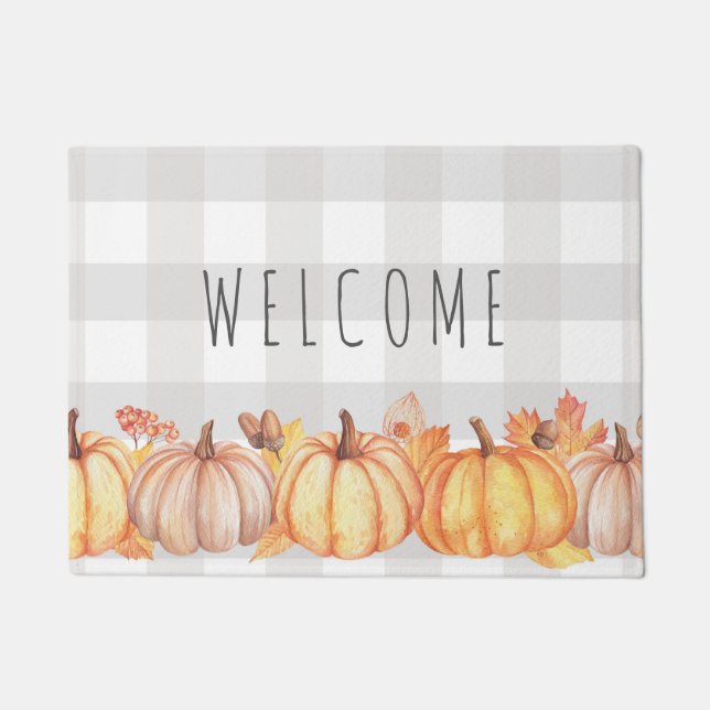 Fall pumpkin watercolor gingham welcome mat (Front)