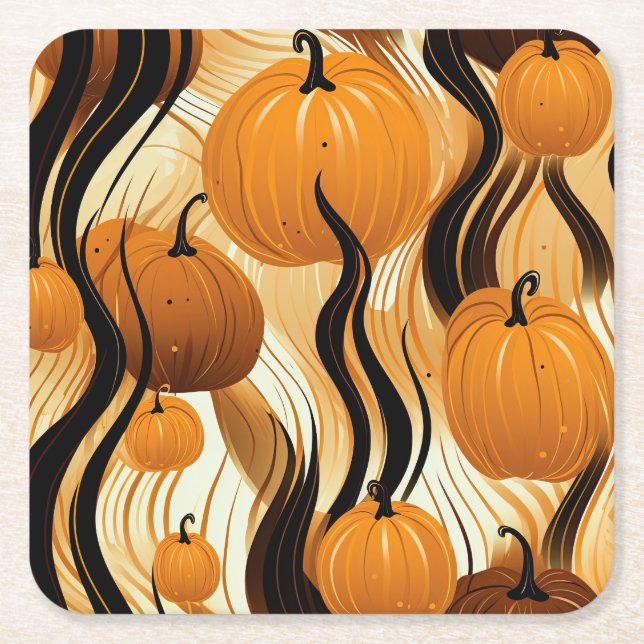 Fall Pumpkin Watercolor Pattern Square Paper Coaster (Front)