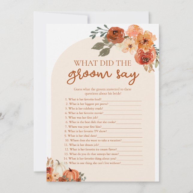 Fall Pumpkin What Did Groom Say Bridal Shower Game Invitation (Front)