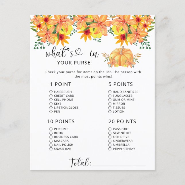 Fall pumpkin whats in your purse baby shower (Front)