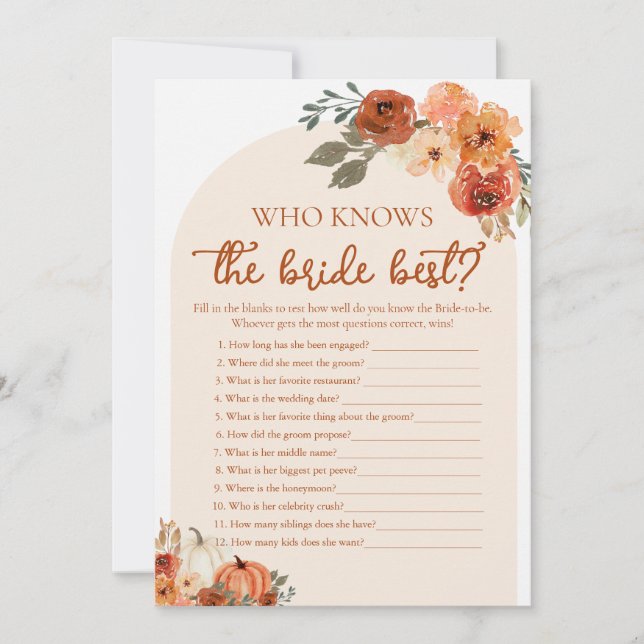 Fall Pumpkin Who Knows The Bride Best Bridal Game Invitation (Front)