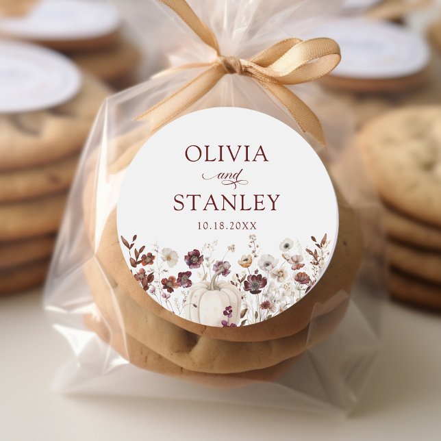 Fall Pumpkin Wildflower Wedding Classic Round Sticker (Creator Uploaded)