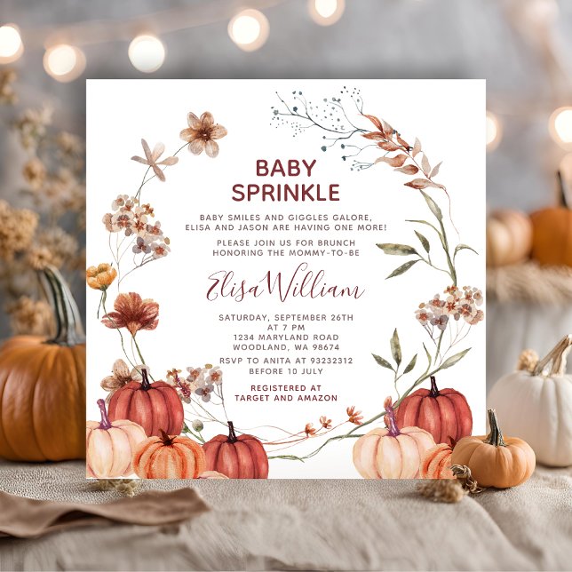 Fall Pumpkin Wildflowers Watercolor Baby Sprinkle Invitation (Creator Uploaded)