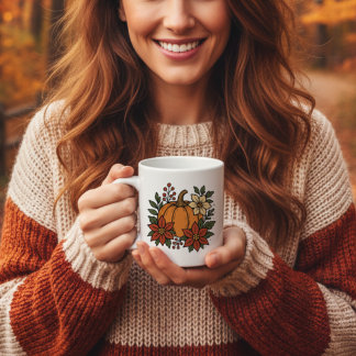 Fall pumpkin with poinsettia flowers floral coffee mug