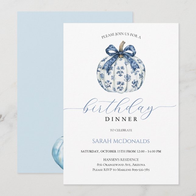 Fall Pumpkin Woman Birthday Dinner Invitation (Front/Back)