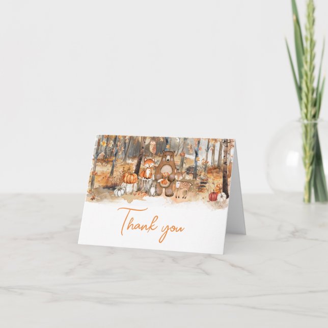 Fall Pumpkin Woodland Animals Baby Shower Thank You Card (Front)