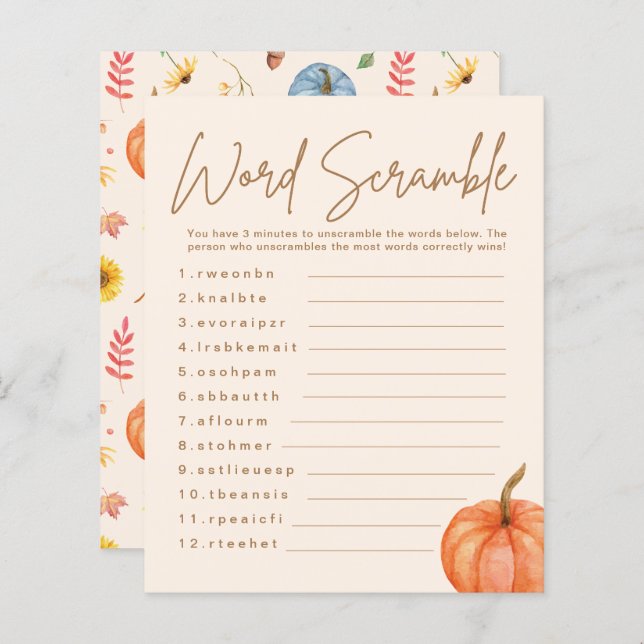 Fall Pumpkin Word Scramble Baby Shower Game (Front/Back)