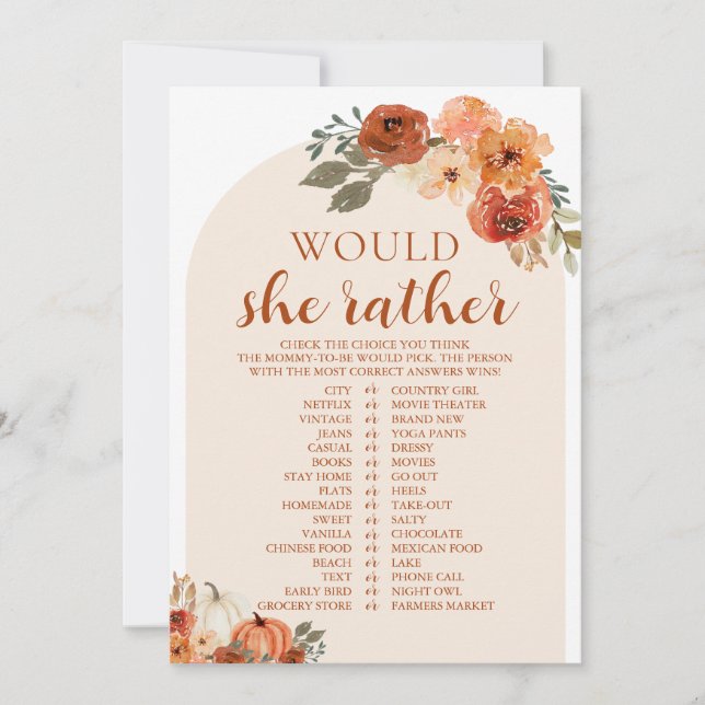 Fall Pumpkin Would She Rather Baby Shower Game Invitation (Front)