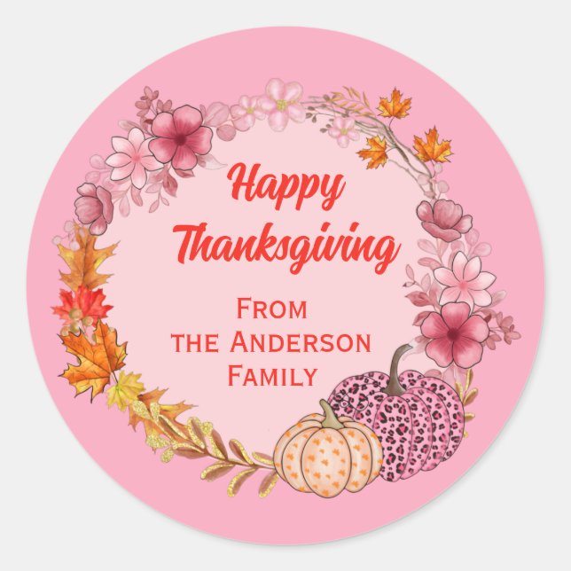 Fall Pumpkins And Flowers Wreath  Classic Round Sticker (Front)