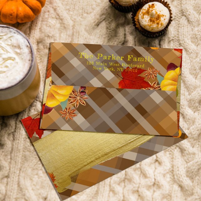 Fall Pumpkins And Foliage On Plaid Thanksgiving Envelope (Creator Uploaded)