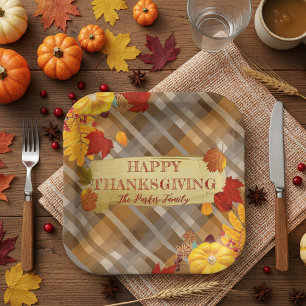 Fall Pumpkins And Foliage On Plaid Thanksgiving Paper Plate