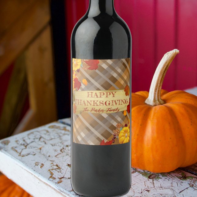 Fall Pumpkins And Foliage On Plaid Thanksgiving Wine Label (Creator Uploaded)