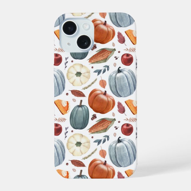 Fall Pumpkins & Autumn Leaves Pattern iPhone 15 Case (Back)