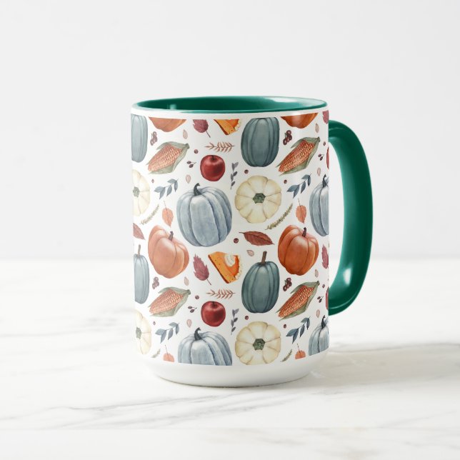 Fall Pumpkins & Autumn Leaves Pattern Mug (Front Right)