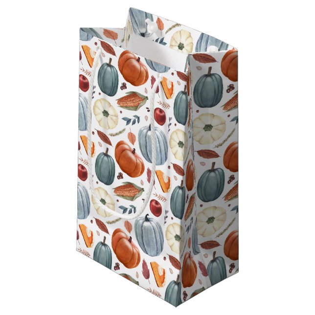 Fall Pumpkins & Autumn Leaves Pattern Small Gift Bag (Front Angled)