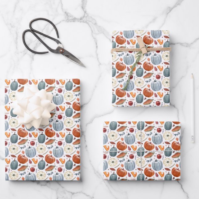 Fall Pumpkins & Autumn Leaves Pattern Wrapping Paper Sheet (Front)