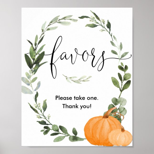 Fall pumpkins baby shower favors sign greenery (Front)