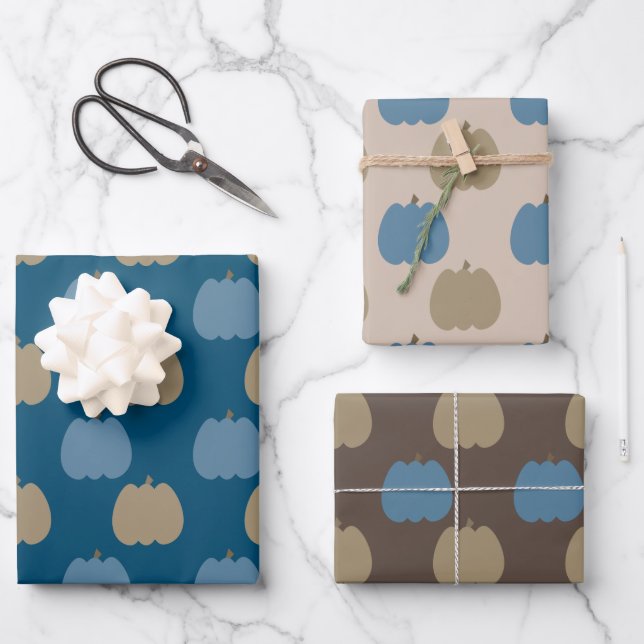 Fall Pumpkins Blue Beige Boho  Wrapping Paper Sheet (Front)